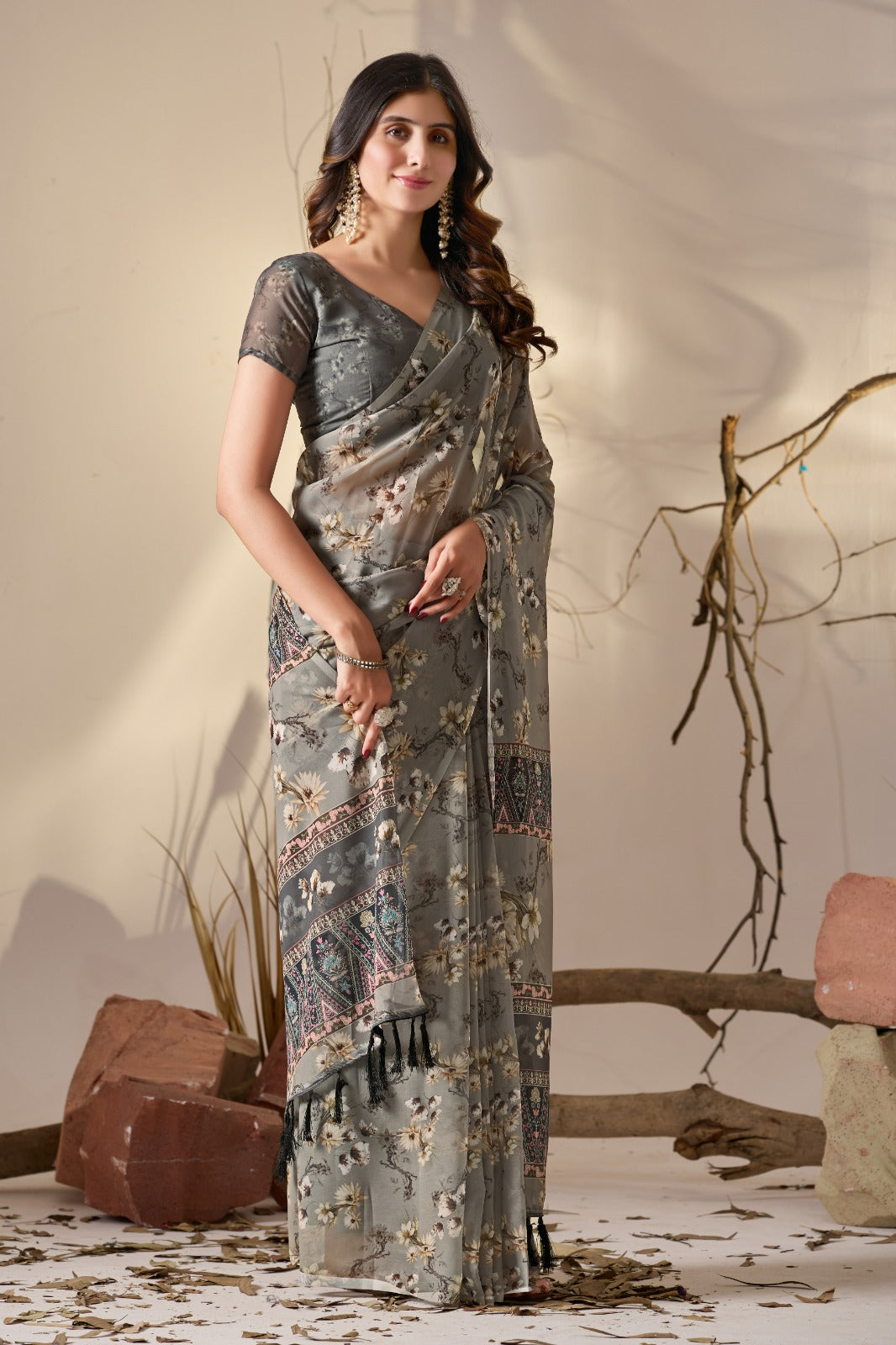 Women's Saree in Muted Grey Soft Georgette with Floral Digital Print and Tribal Patterned Pallu