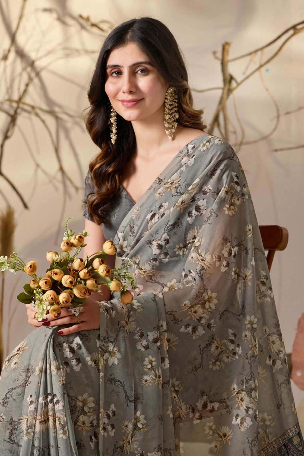 Women's Saree in Muted Grey Soft Georgette with Floral Digital Print and Tribal Patterned Pallu