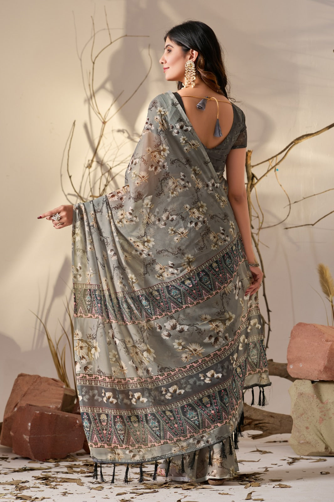 Women's Saree in Muted Grey Soft Georgette with Floral Digital Print and Tribal Patterned Pallu