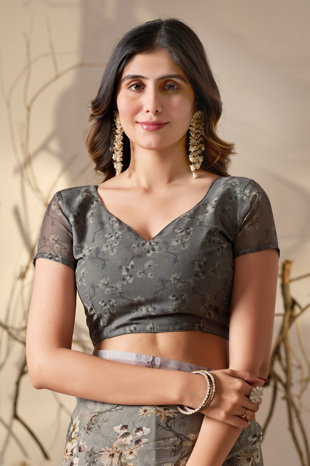 Women's Saree in Muted Grey Soft Georgette with Floral Digital Print and Tribal Patterned Pallu