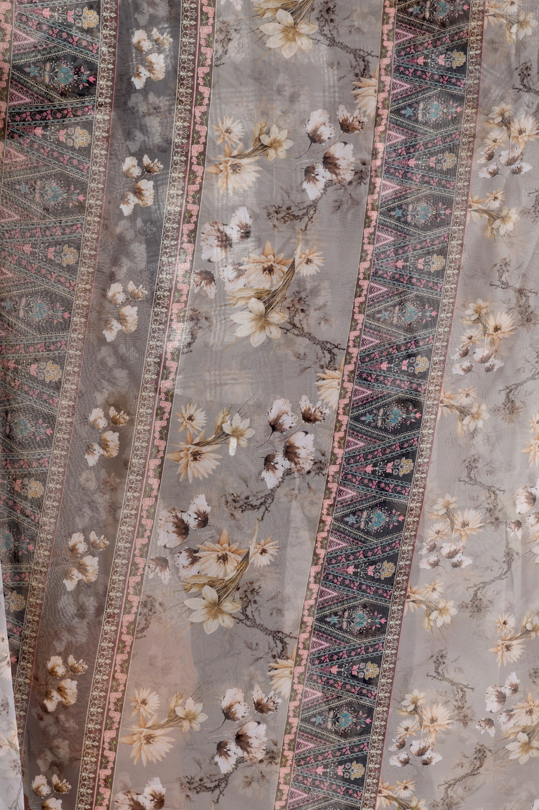 Women's Saree in Muted Grey Soft Georgette with Floral Digital Print and Tribal Patterned Pallu