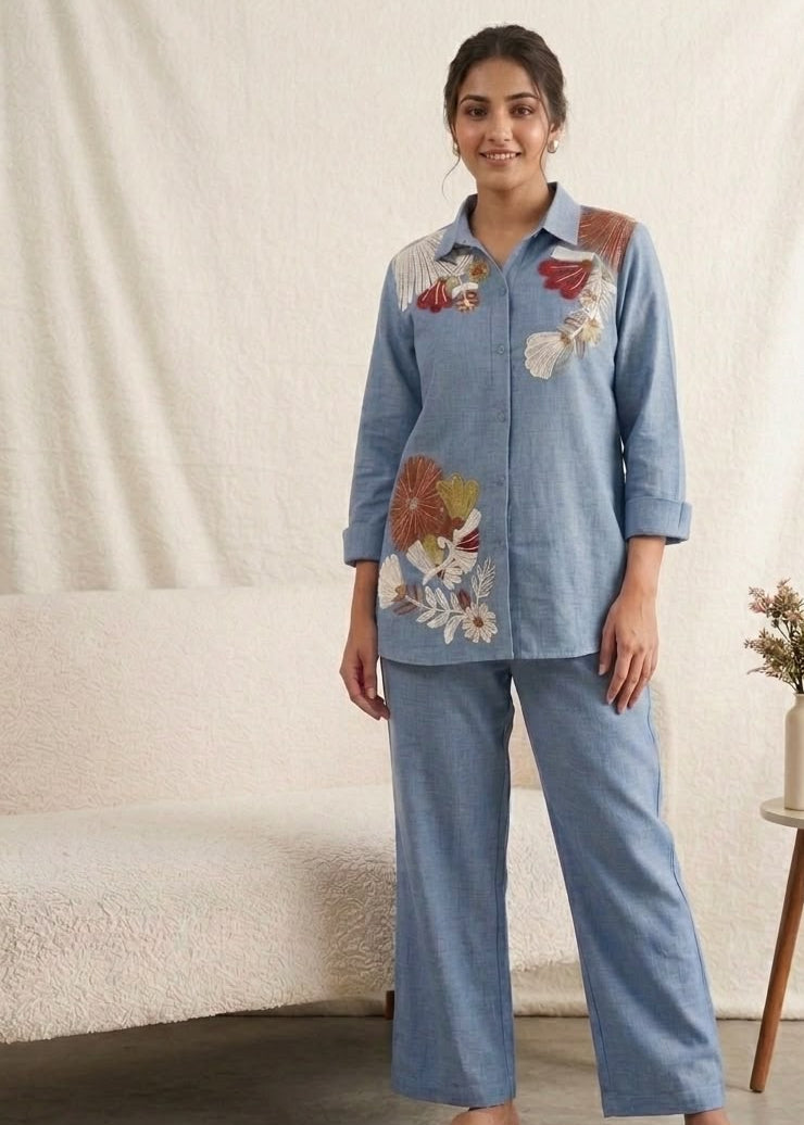 Women's Cotton Denim Co-Ord Set in Light Blue with Sequin Floral Embroidery