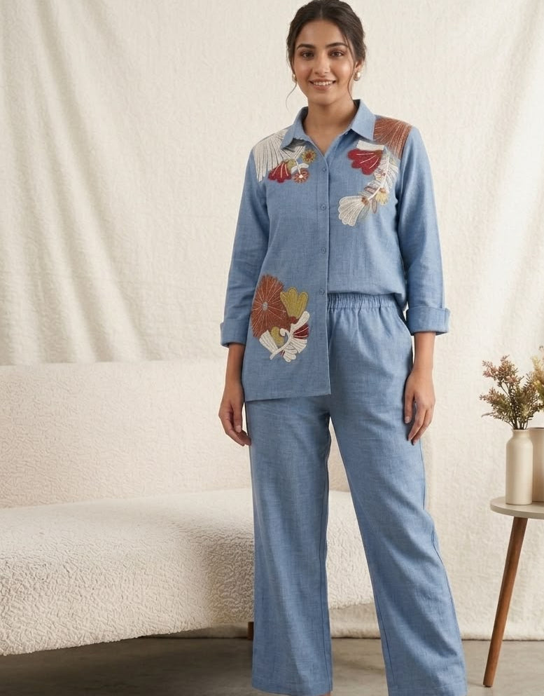 Women's Cotton Denim Co-Ord Set in Light Blue with Sequin Floral Embroidery