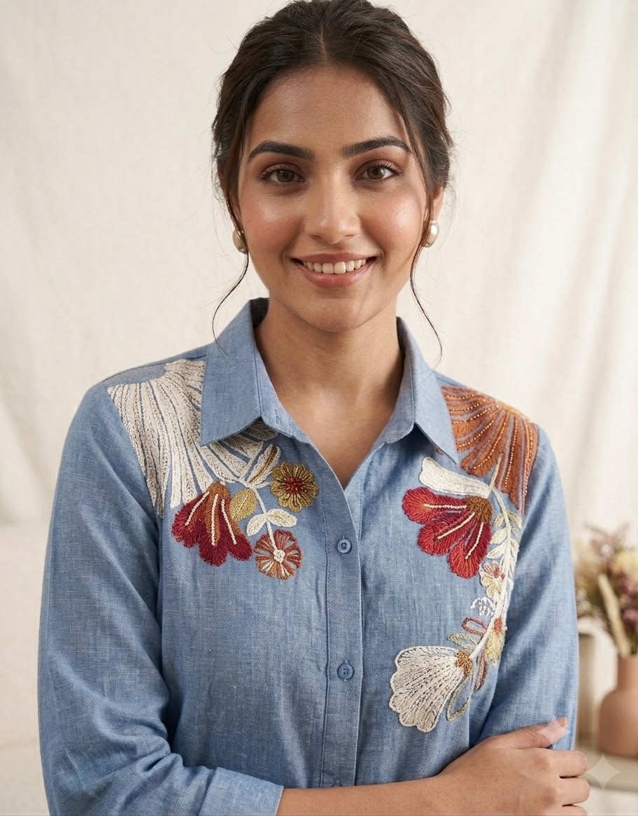 Women's Cotton Denim Co-Ord Set in Light Blue with Sequin Floral Embroidery