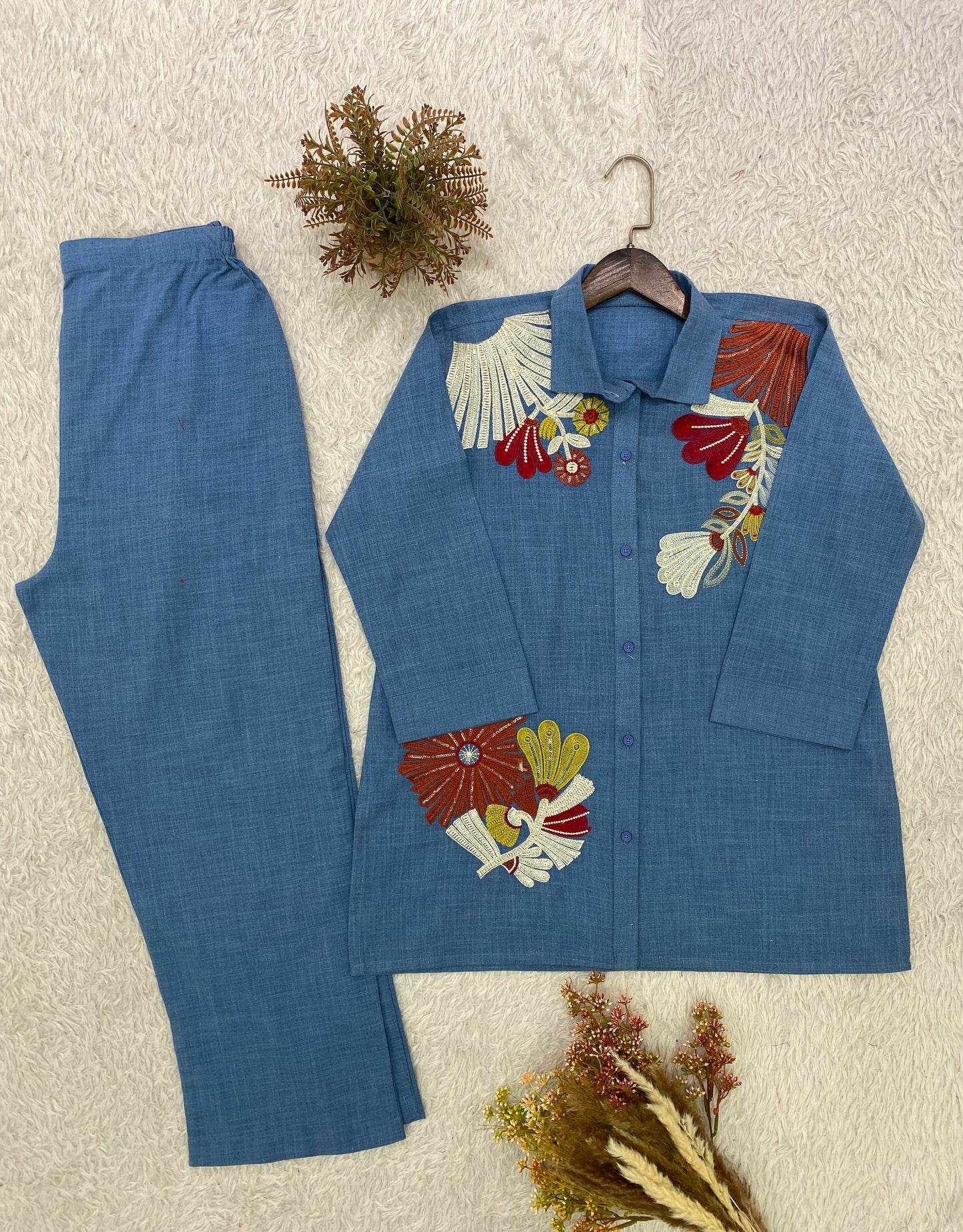 Women's Cotton Denim Co-Ord Set in Light Blue with Sequin Floral Embroidery