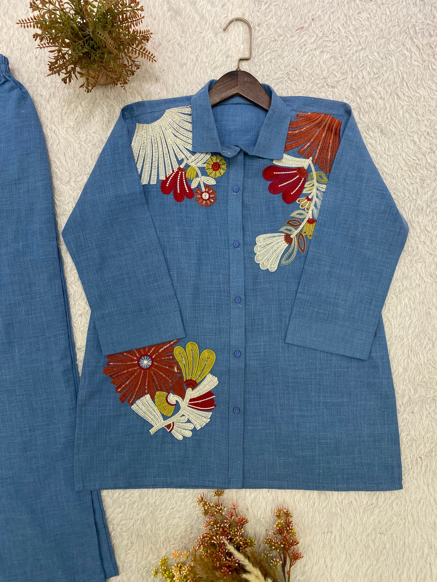 Women's Cotton Denim Co-Ord Set in Light Blue with Sequin Floral Embroidery