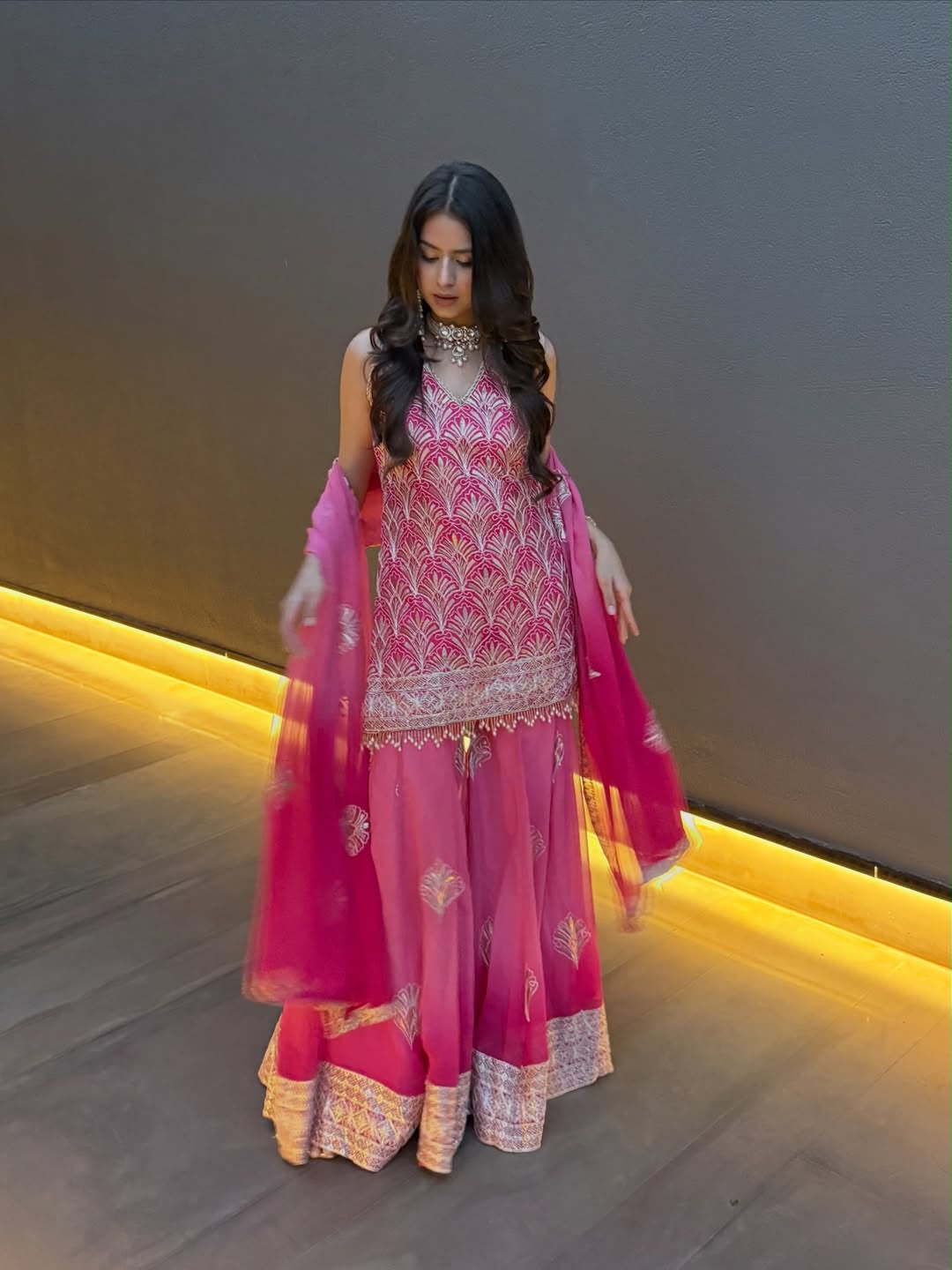 Women's Kurti Set in Pink Printed Faux Georgette with Embroidery and Palazzo