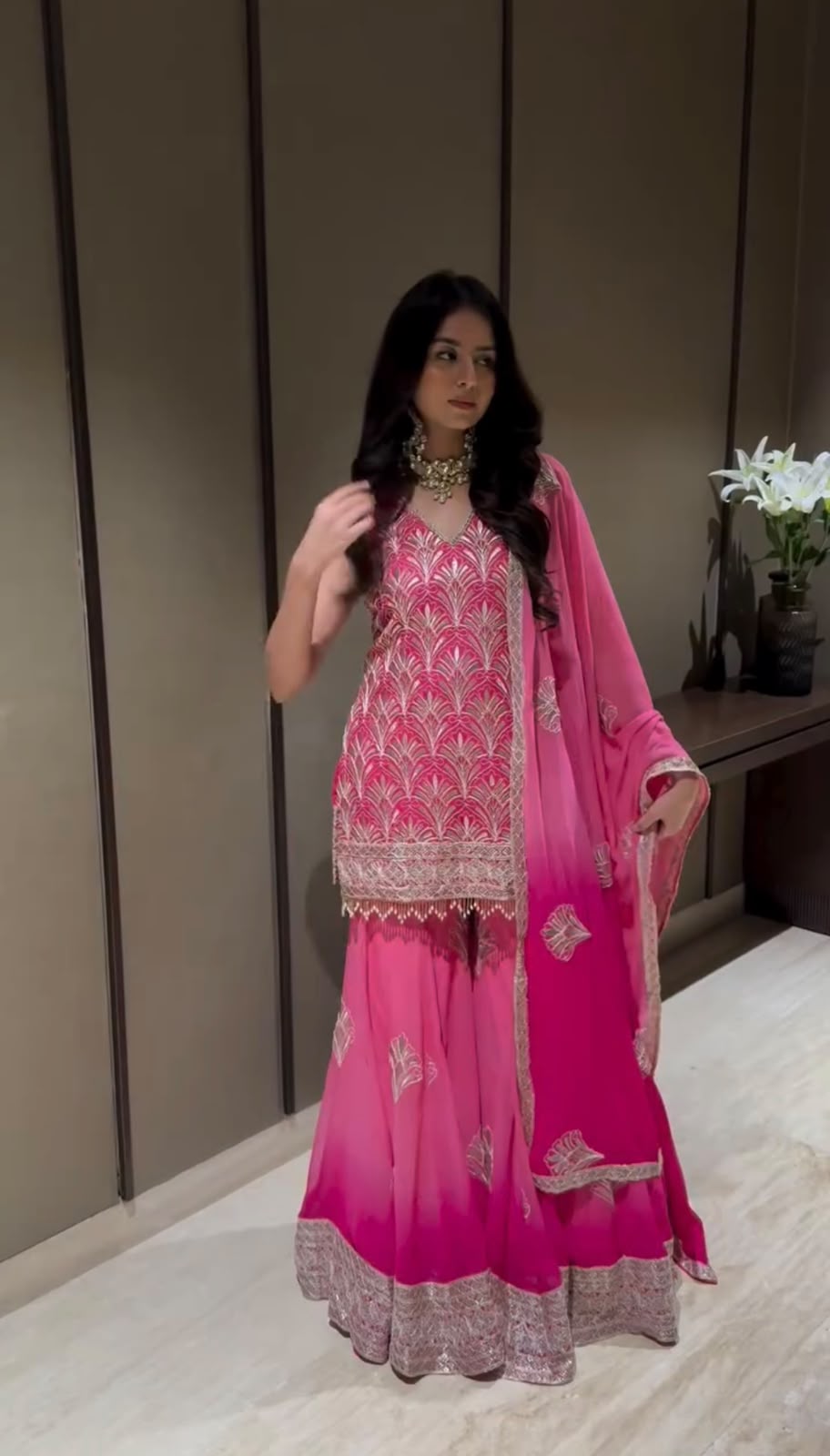 Women's Kurti Set in Pink Printed Faux Georgette with Embroidery and Palazzo