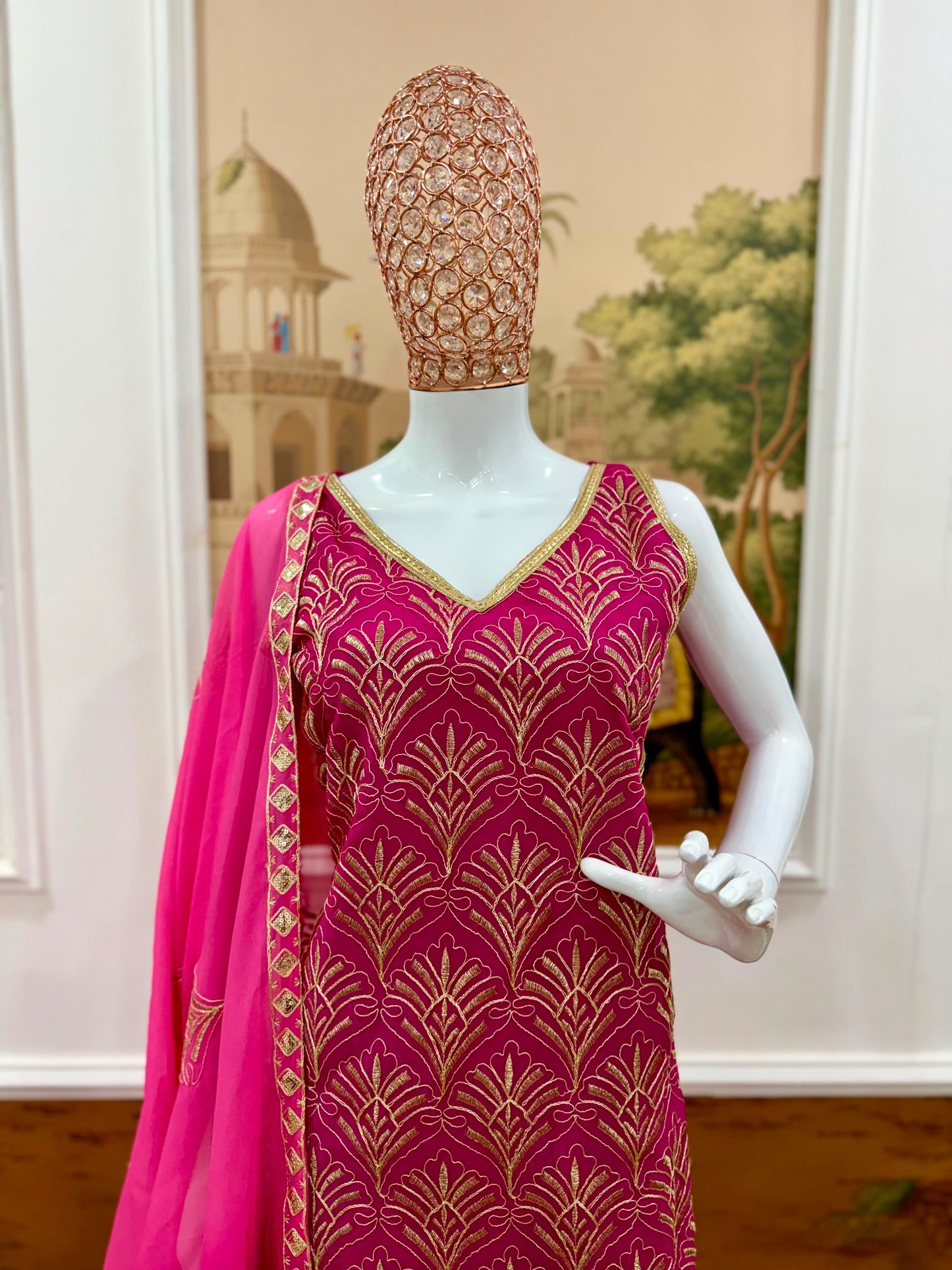 Women's Kurti Set in Pink Printed Faux Georgette with Embroidery and Palazzo