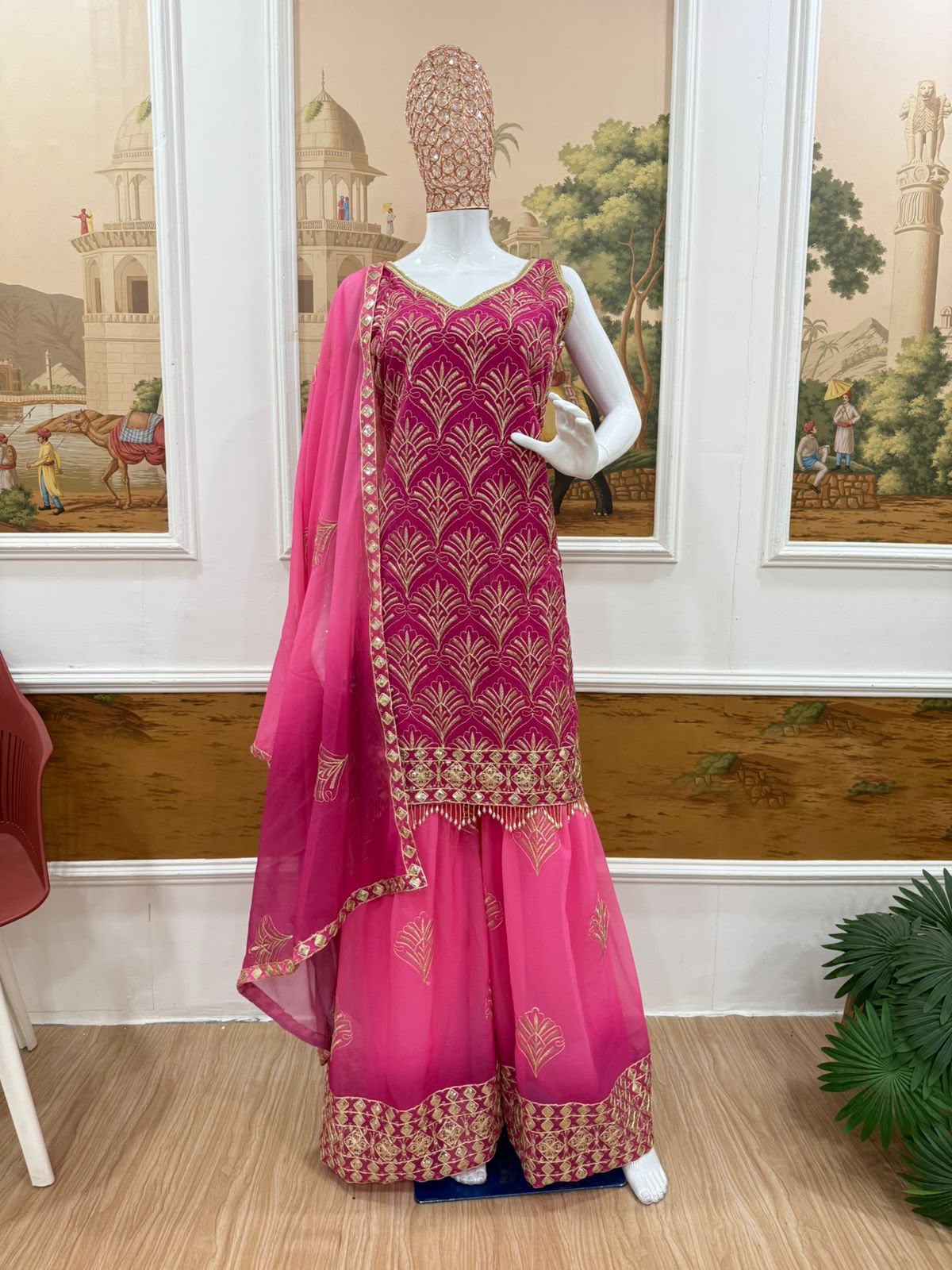 Women's Kurti Set in Pink Printed Faux Georgette with Embroidery and Palazzo