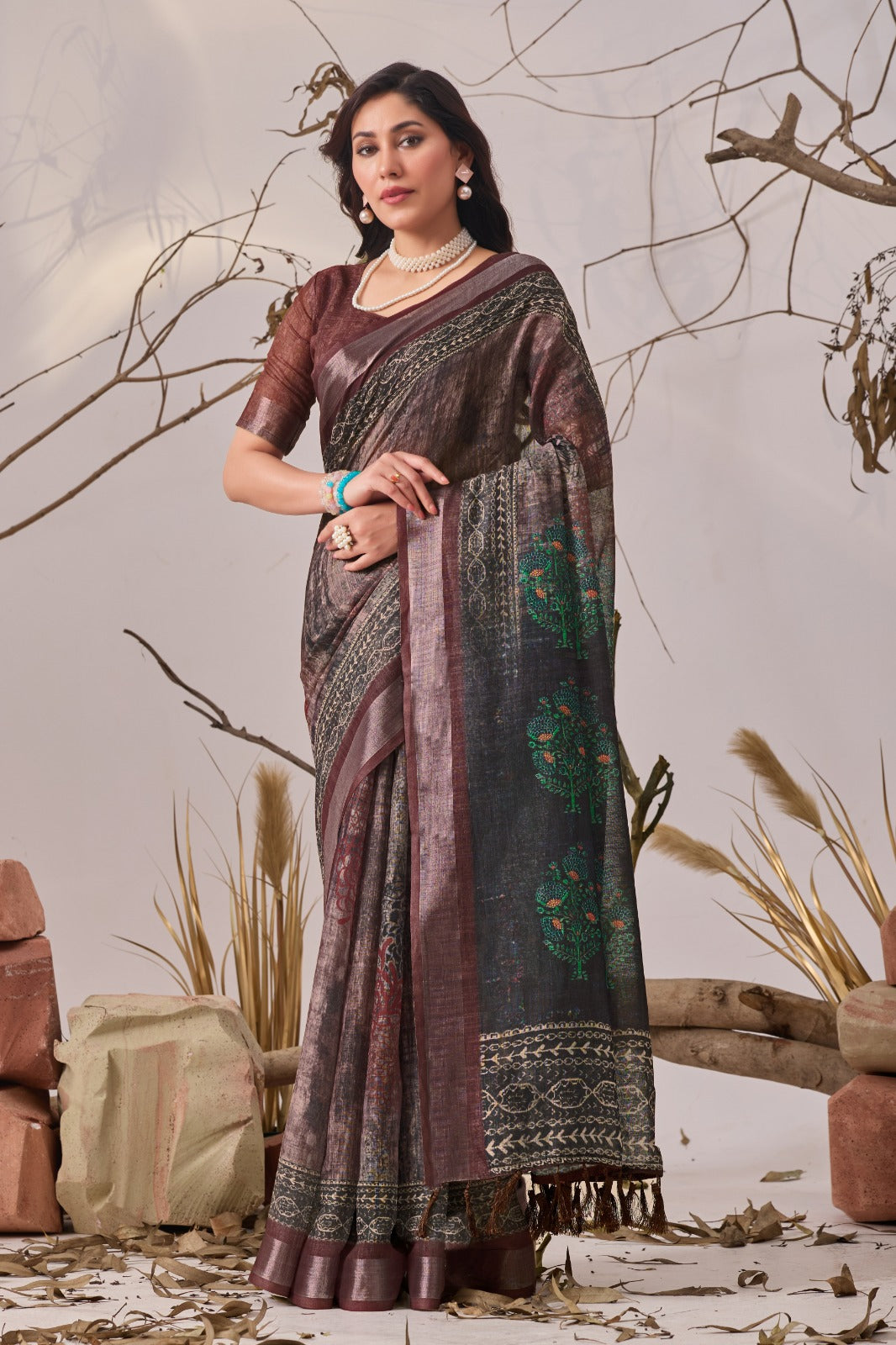 Women's Linen Cotton Saree in Dark Brown and Charcoal with Digital Patola Print
