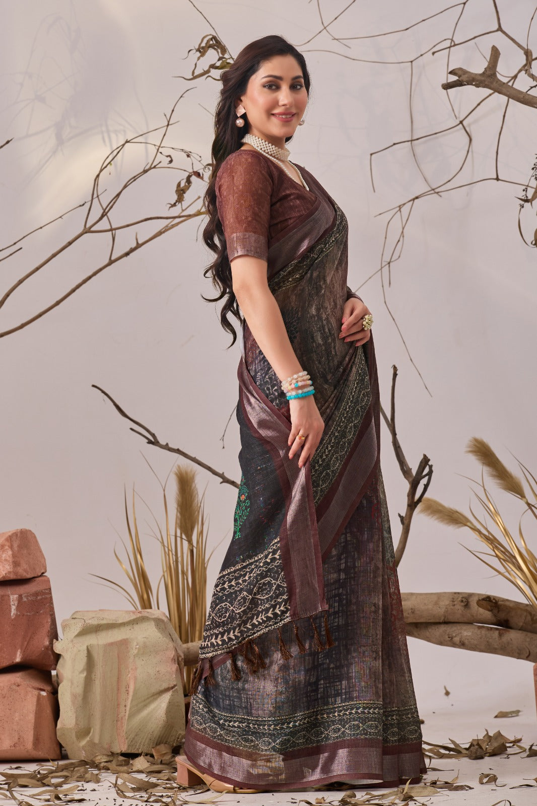 Women's Linen Cotton Saree in Dark Brown and Charcoal with Digital Patola Print