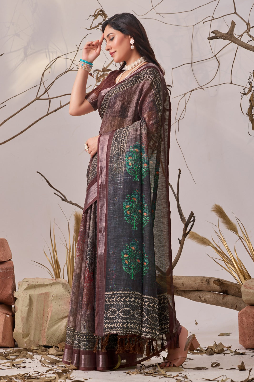 Women's Linen Cotton Saree in Dark Brown and Charcoal with Digital Patola Print
