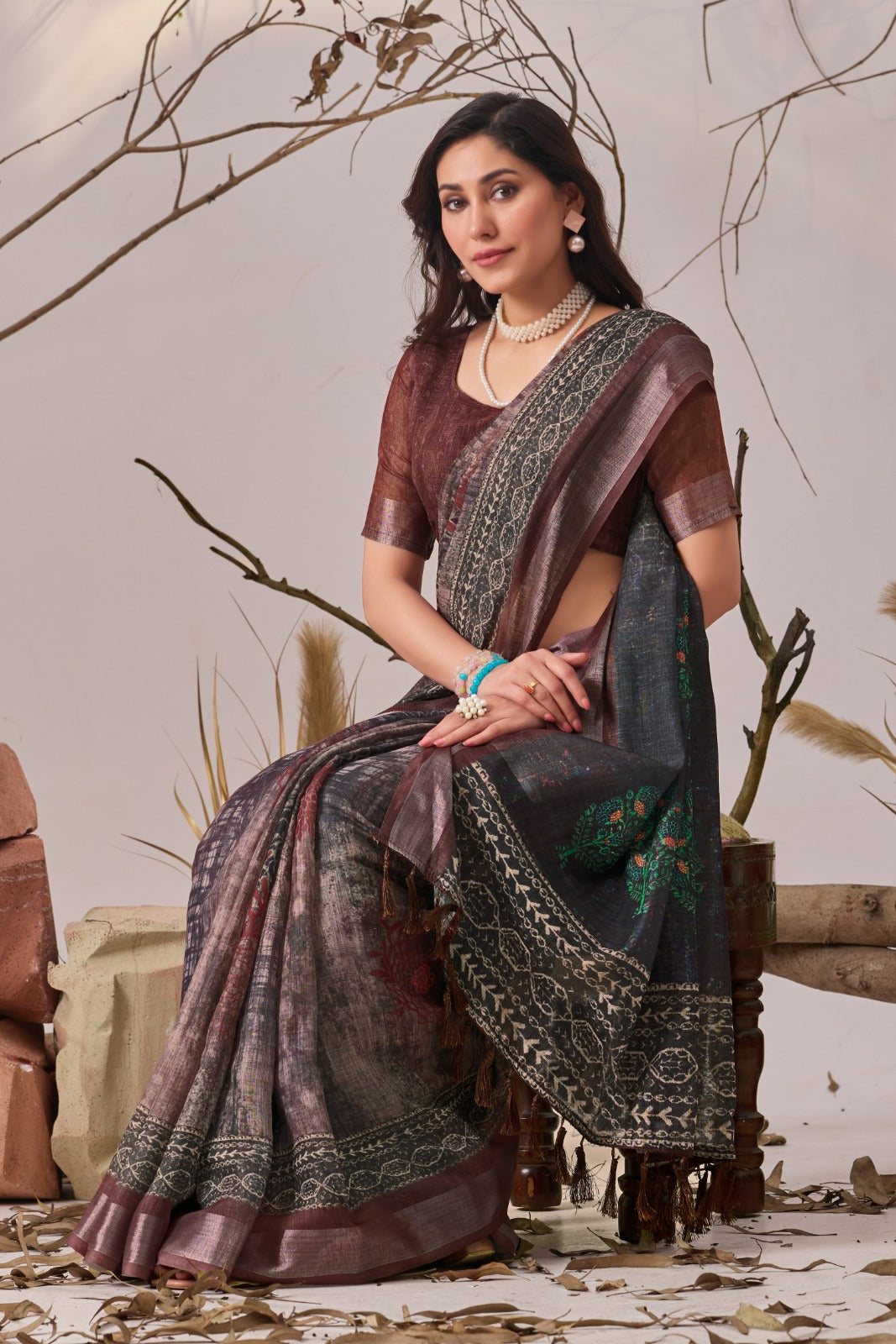 Women's Linen Cotton Saree in Dark Brown and Charcoal with Digital Patola Print