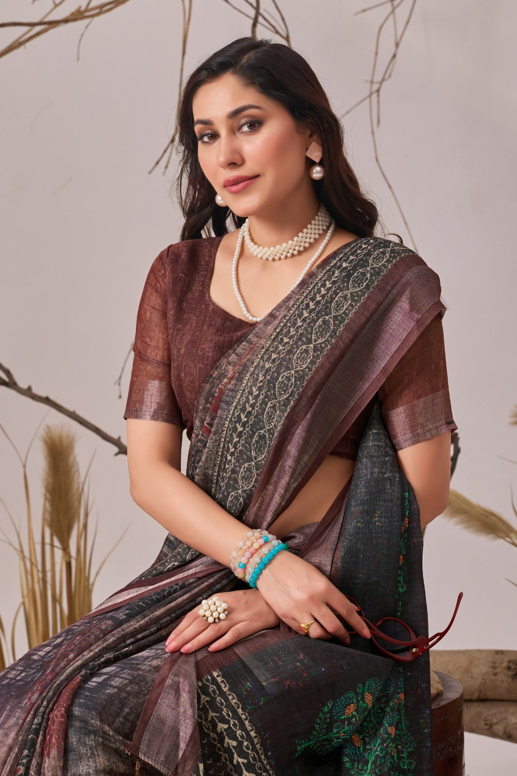 Women's Linen Cotton Saree in Dark Brown and Charcoal with Digital Patola Print