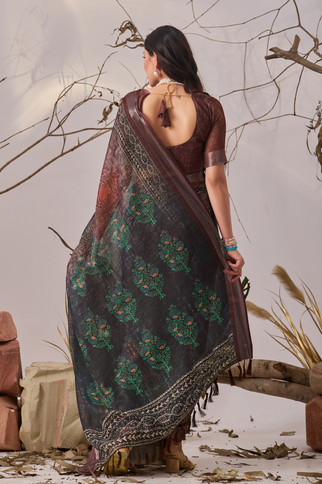 Women's Linen Cotton Saree in Dark Brown and Charcoal with Digital Patola Print