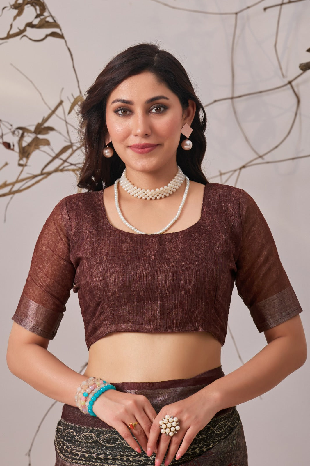Women's Linen Cotton Saree in Dark Brown and Charcoal with Digital Patola Print