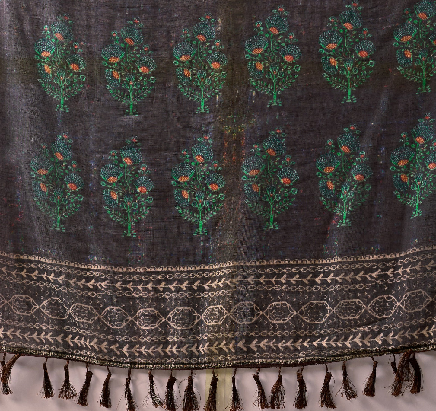 Women's Linen Cotton Saree in Dark Brown and Charcoal with Digital Patola Print