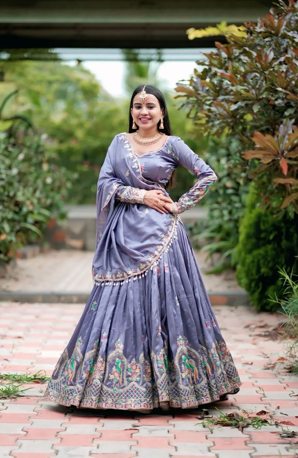Women's Lehenga Choli in Slate Grey Chinon with Thread Embroidery