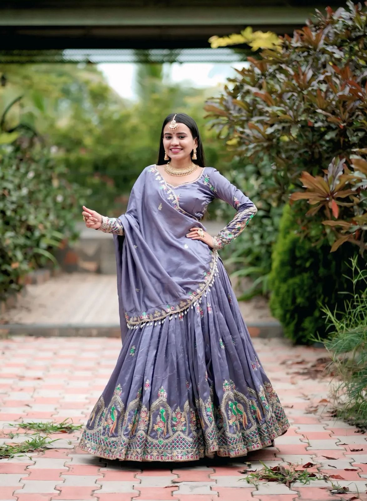 Women's Lehenga Choli in Slate Grey Chinon with Thread Embroidery