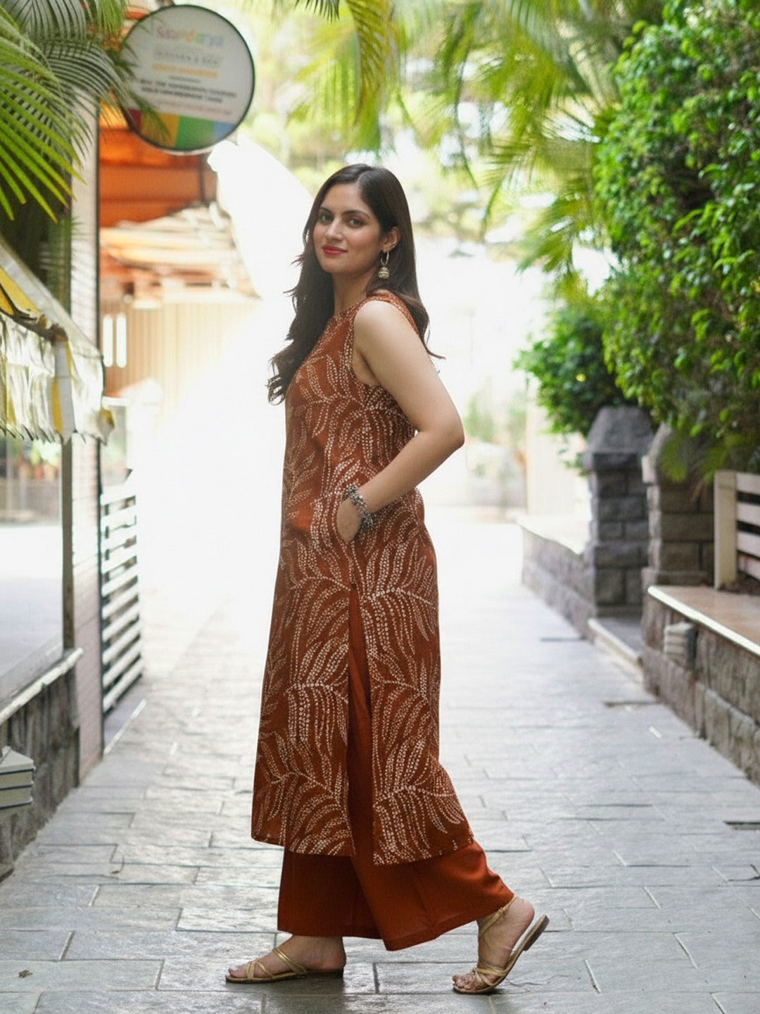 Women's Kurti Pant Set in Rust Rayon with Leaf Print