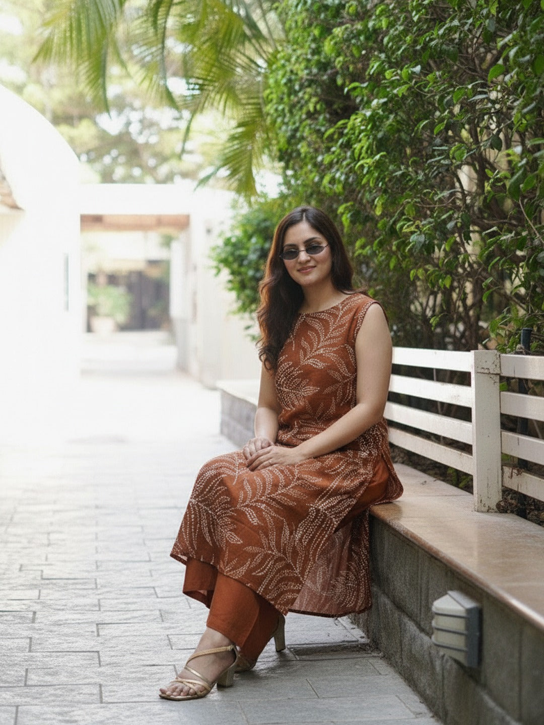 Women's Kurti Pant Set in Rust Rayon with Leaf Print