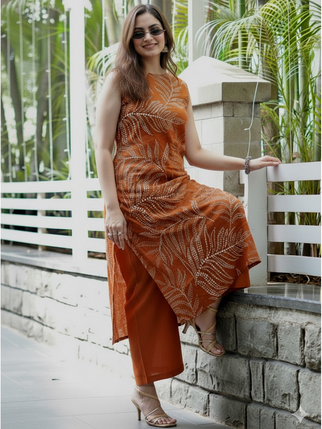 Women's Kurti Pant Set in Rust Rayon with Leaf Print