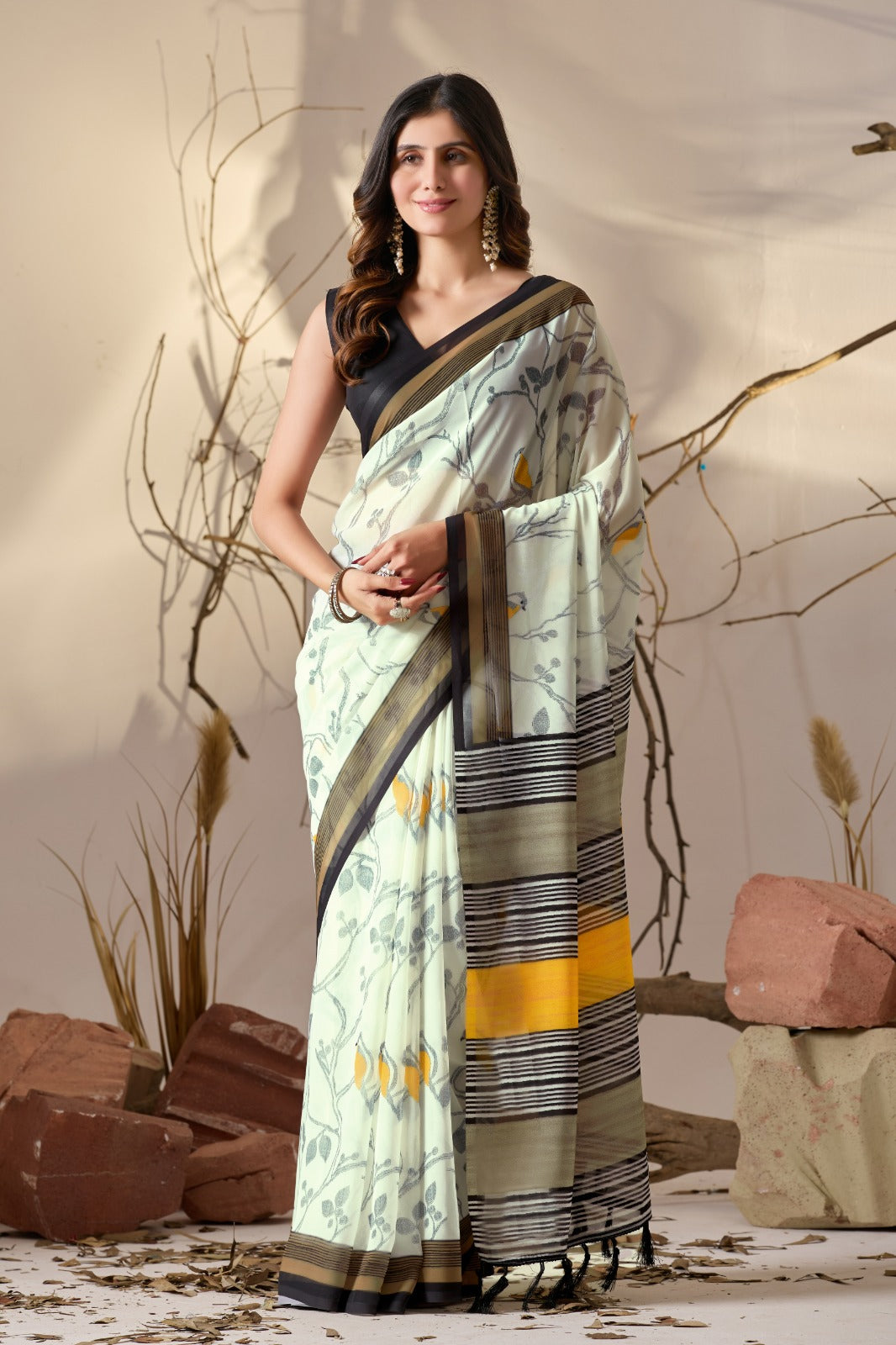 Women's Soft Georgette Saree in Cream with Bird Print and Mustard Striped Border