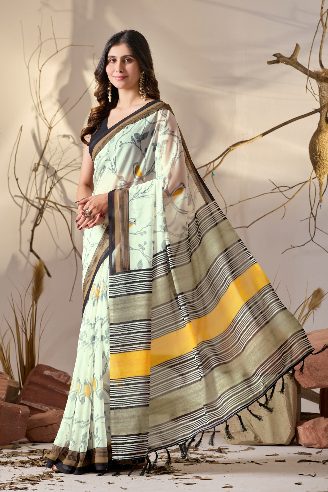 Women's Soft Georgette Saree in Cream with Bird Print and Mustard Striped Border