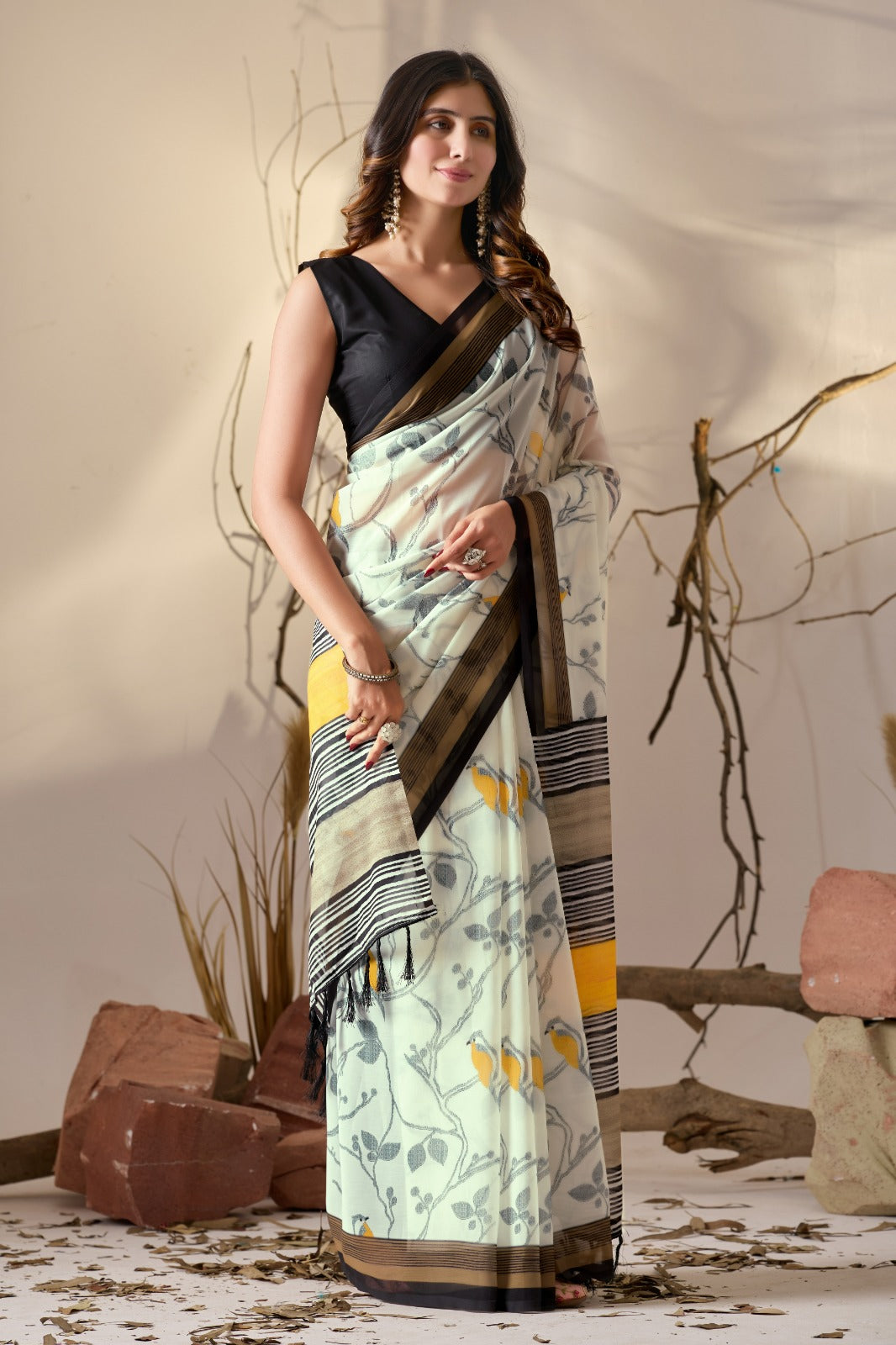 Women's Soft Georgette Saree in Cream with Bird Print and Mustard Striped Border