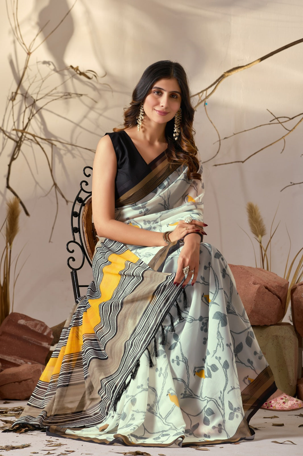Women's Soft Georgette Saree in Cream with Bird Print and Mustard Striped Border