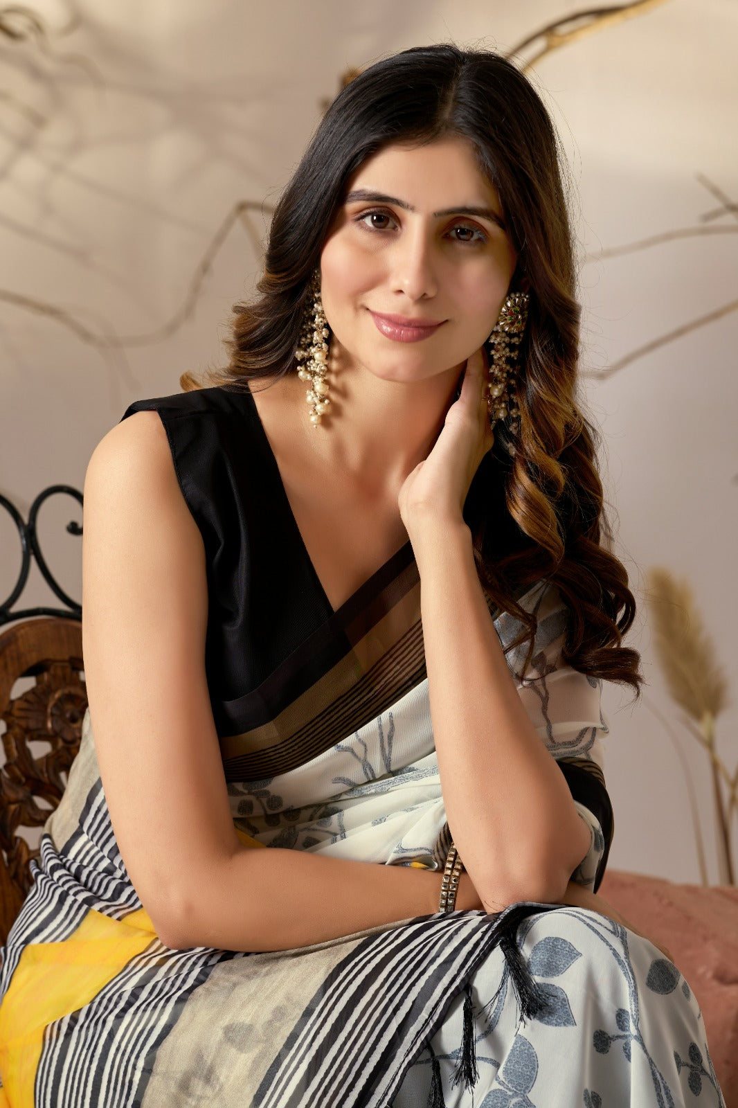 Women's Soft Georgette Saree in Cream with Bird Print and Mustard Striped Border