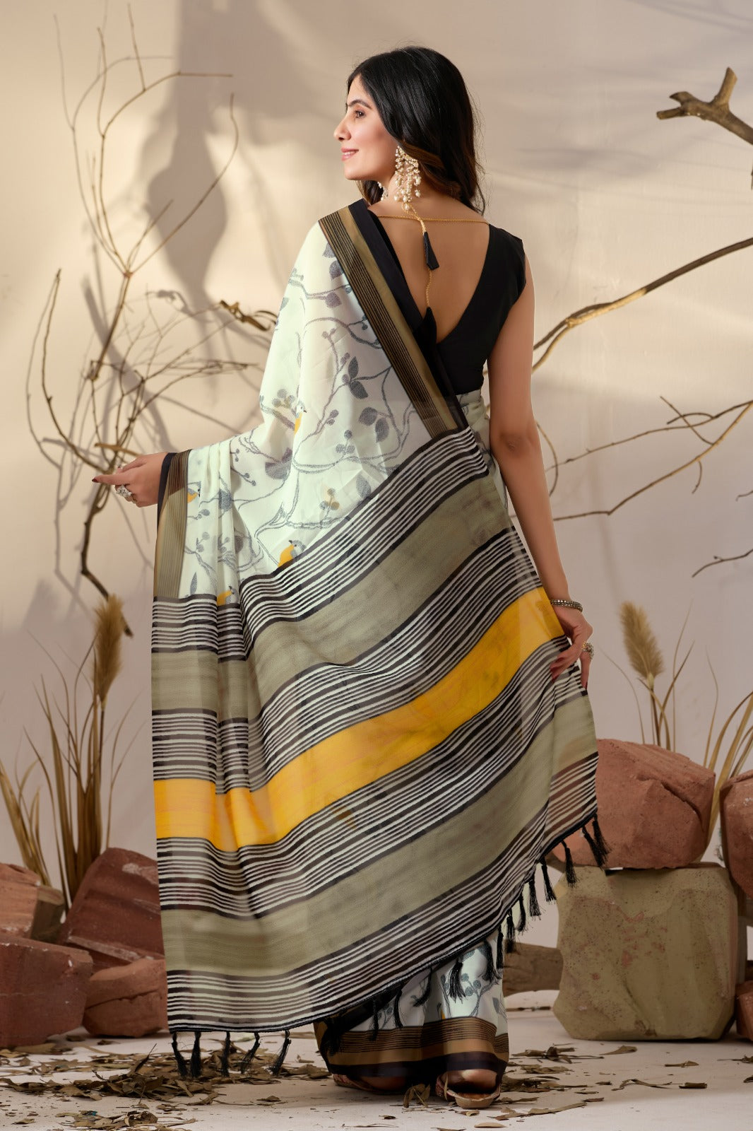 Women's Soft Georgette Saree in Cream with Bird Print and Mustard Striped Border