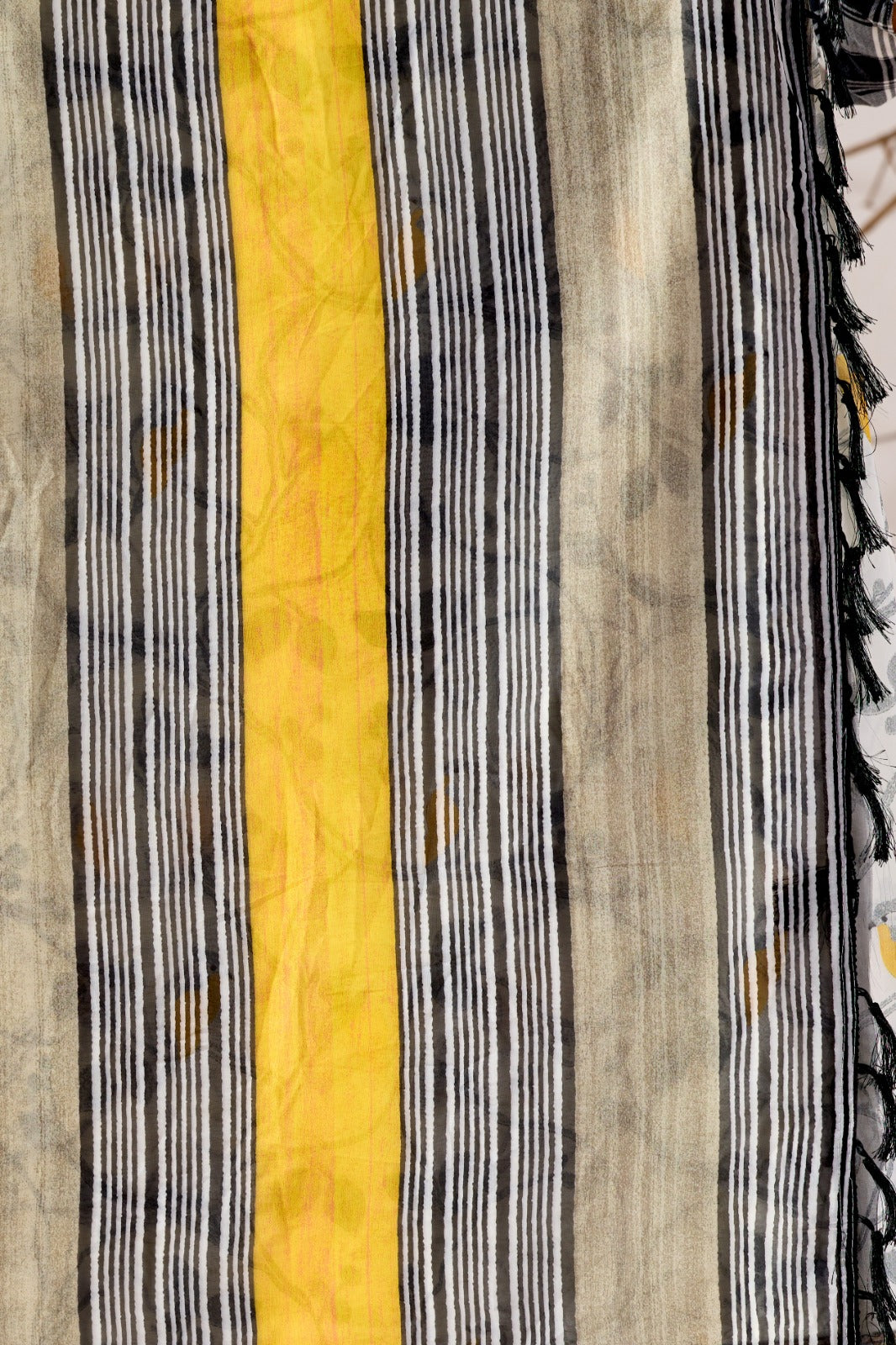 Women's Soft Georgette Saree in Cream with Bird Print and Mustard Striped Border