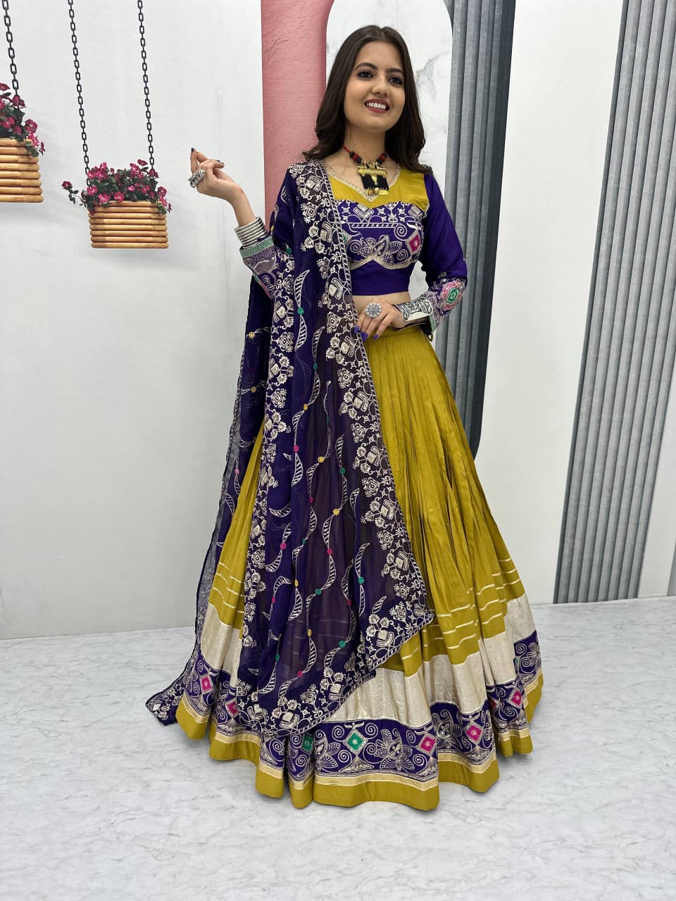 Women's Navratri Lehenga Choli in Mustard Yellow Pure Cotton with Thread and Sequin Embroidery