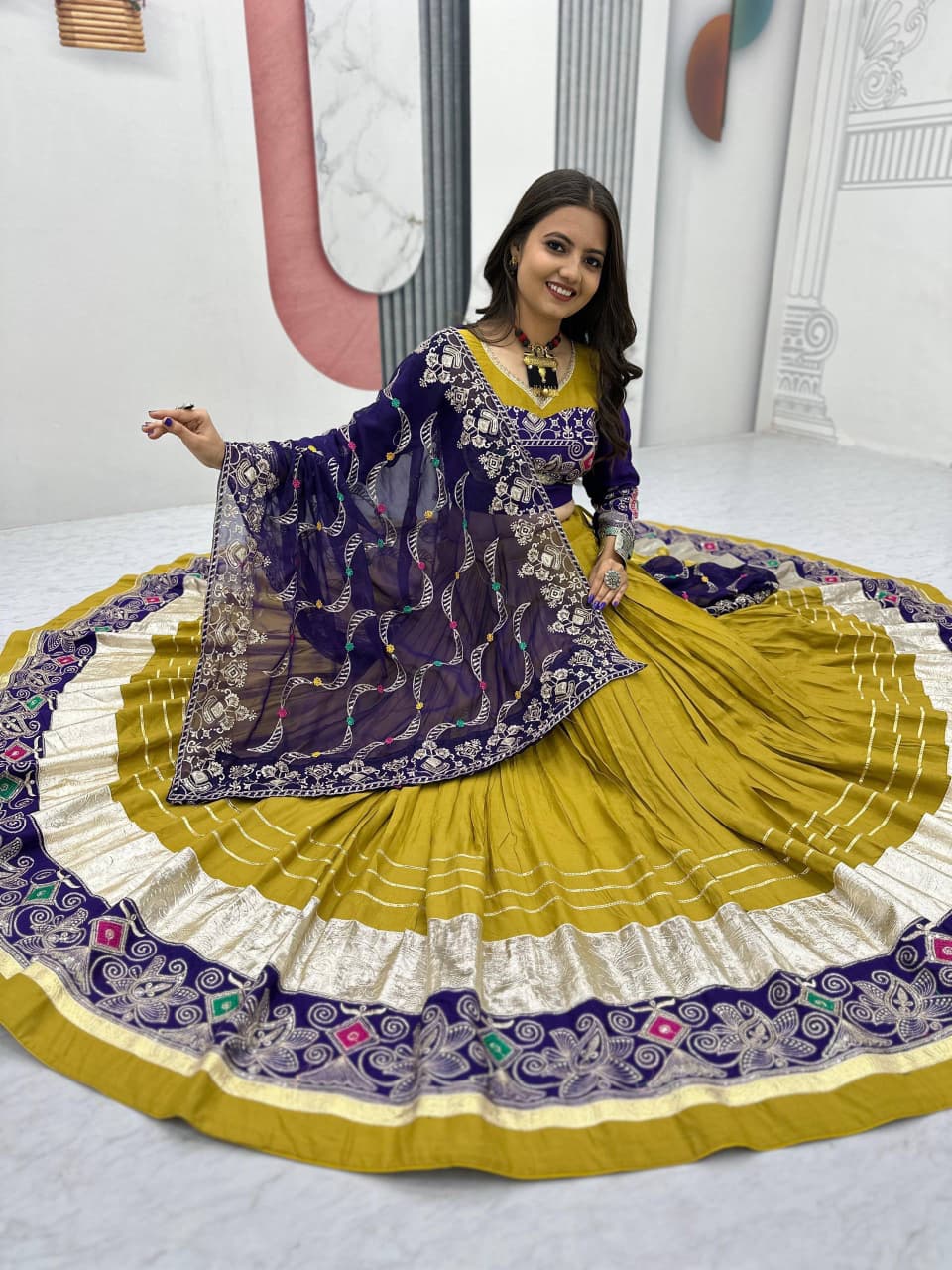 Women's Navratri Lehenga Choli in Mustard Yellow Pure Cotton with Thread and Sequin Embroidery