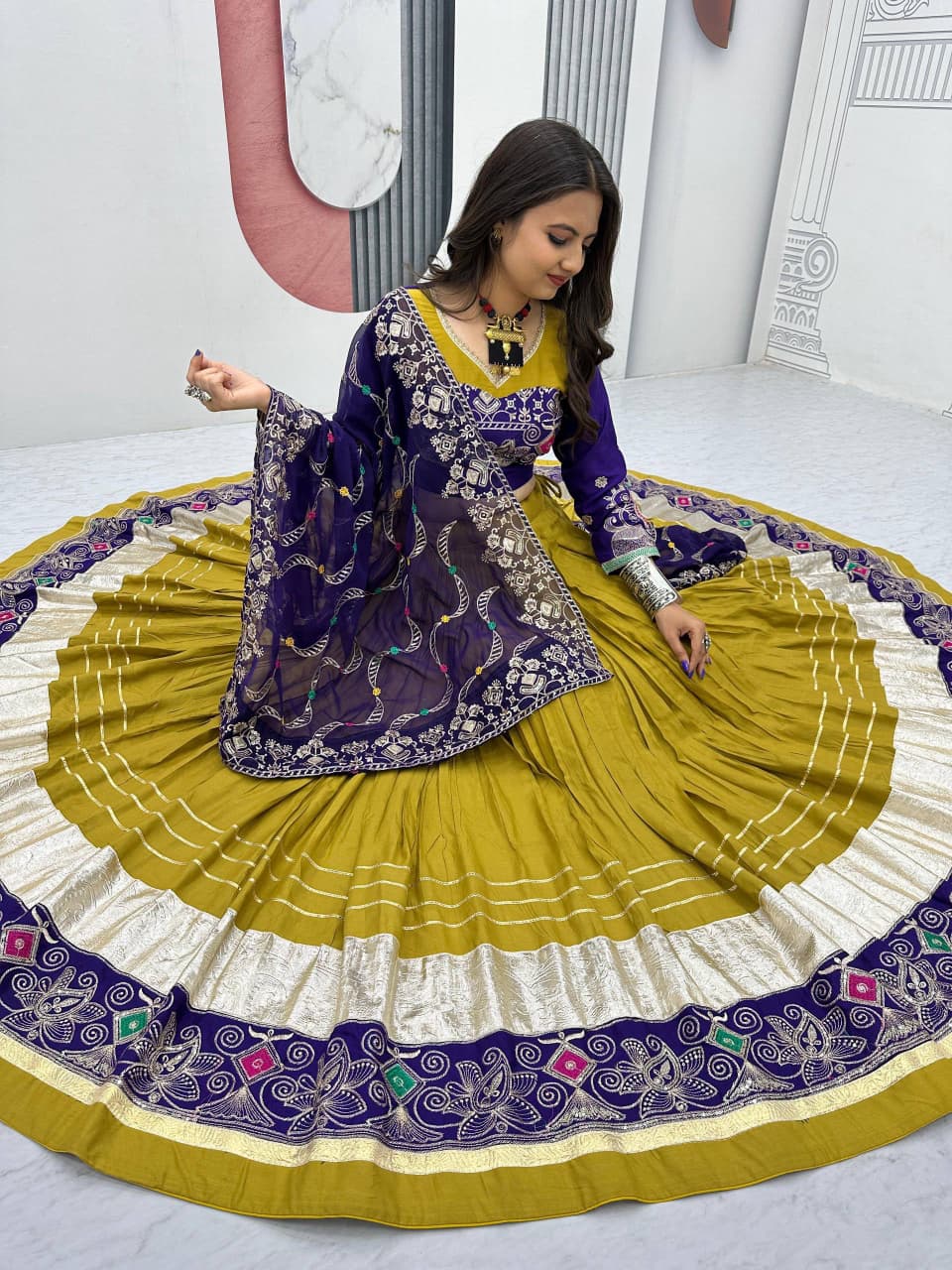 Women's Navratri Lehenga Choli in Mustard Yellow Pure Cotton with Thread and Sequin Embroidery