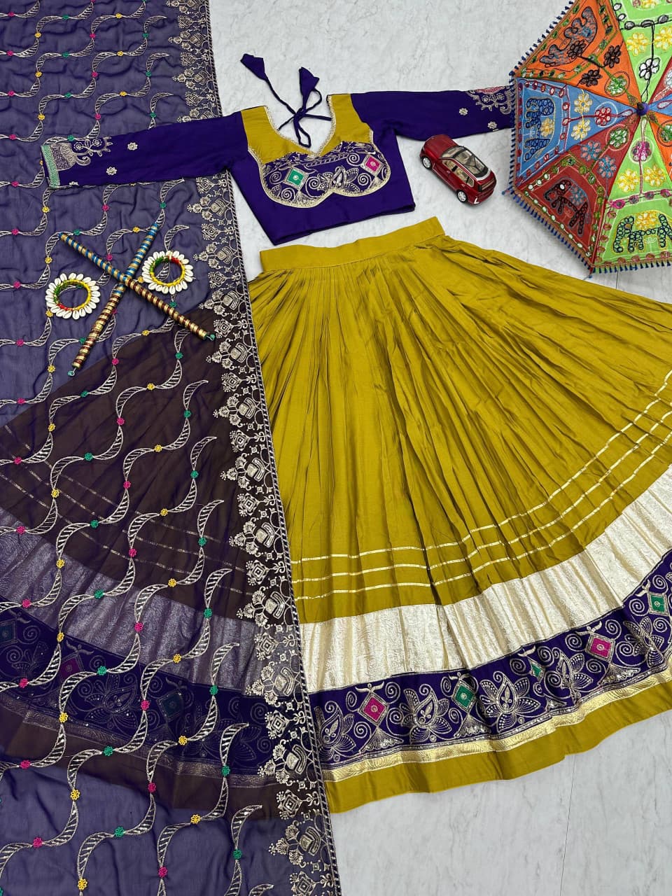 Women's Navratri Lehenga Choli in Mustard Yellow Pure Cotton with Thread and Sequin Embroidery
