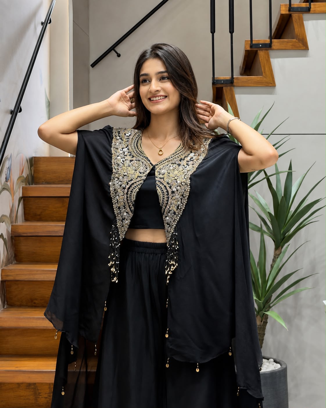 Women's Indo-Western Set in Black Star Georgette with Sequins Zari Embroidered Jacket