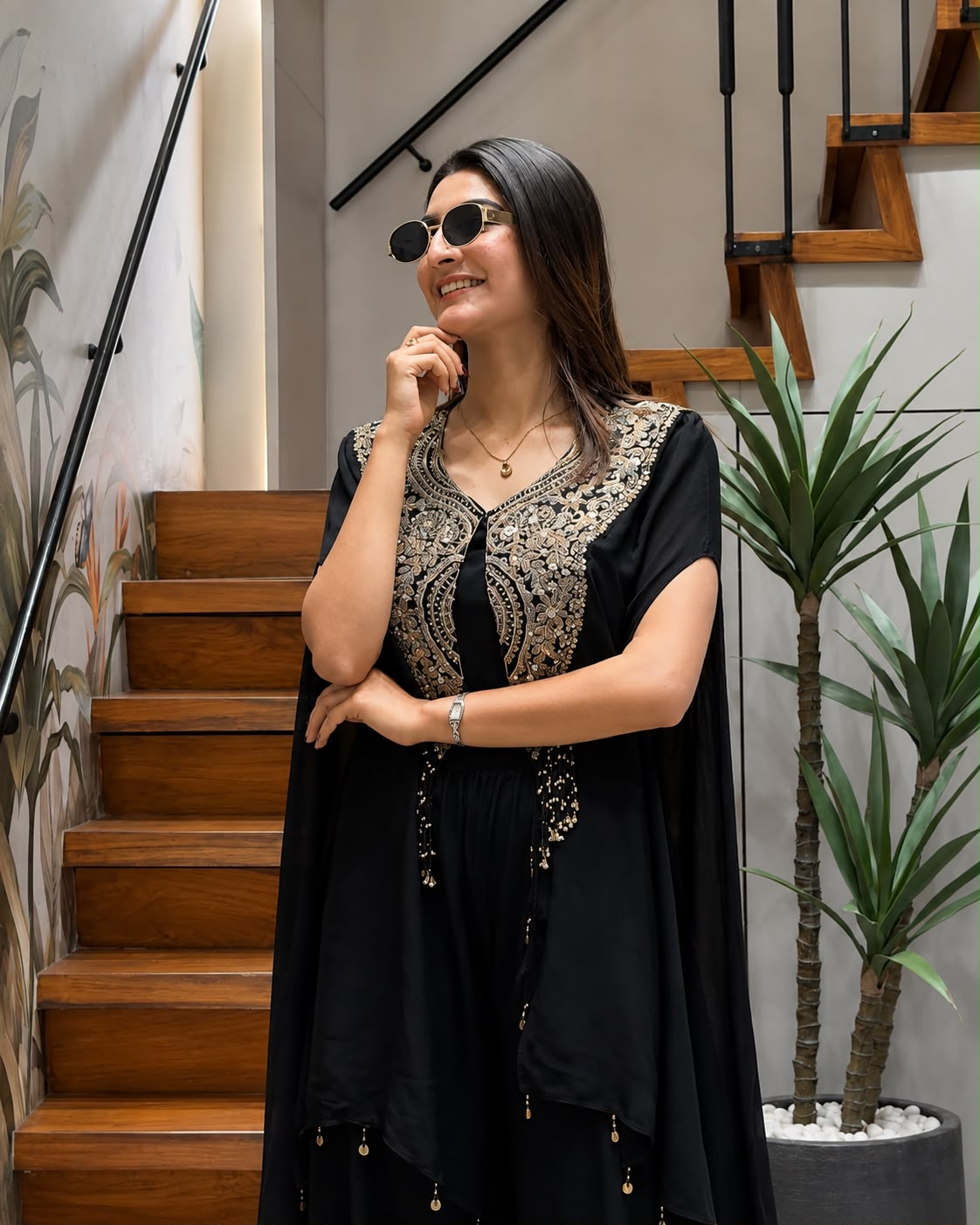 Women's Indo-Western Set in Black Star Georgette with Sequins Zari Embroidered Jacket