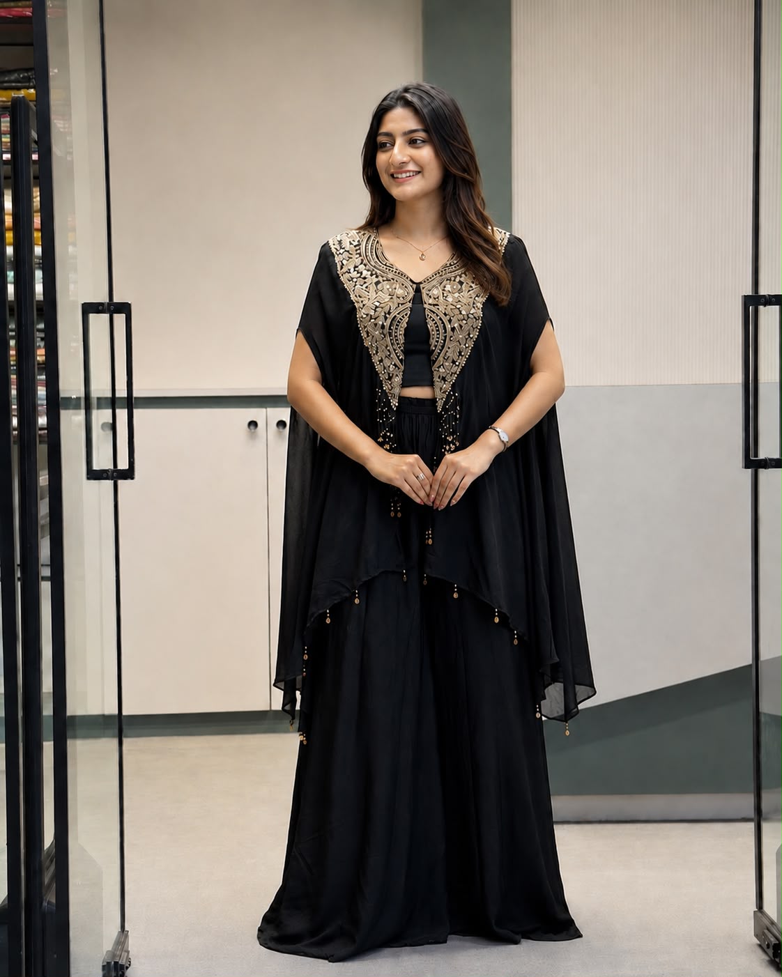 Women's Indo-Western Set in Black Star Georgette with Sequins Zari Embroidered Jacket