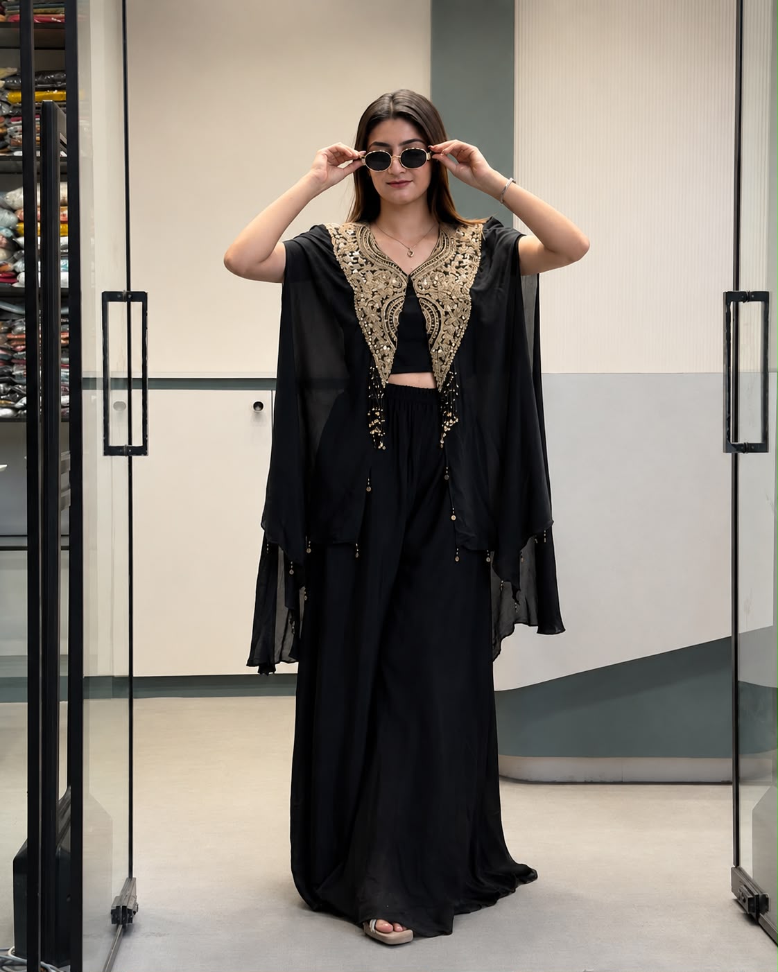 Women's Indo-Western Set in Black Star Georgette with Sequins Zari Embroidered Jacket