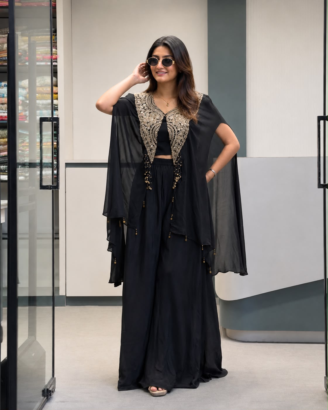 Women's Indo-Western Set in Black Star Georgette with Sequins Zari Embroidered Jacket