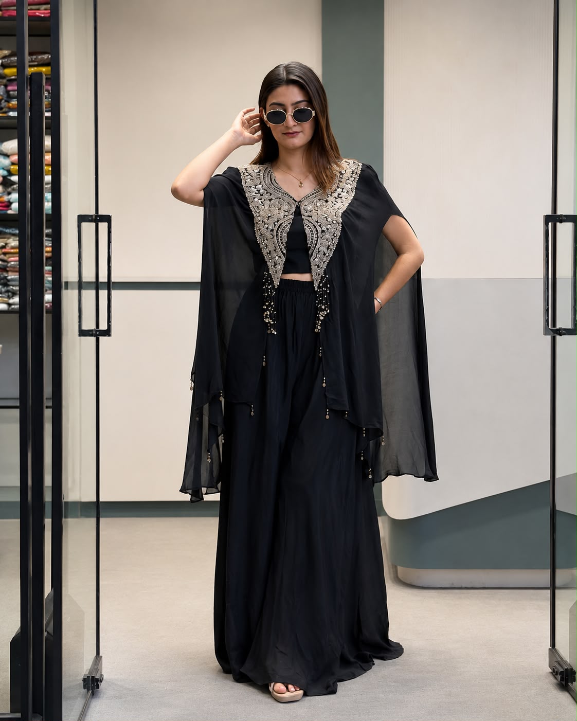 Women's Indo-Western Set in Black Star Georgette with Sequins Zari Embroidered Jacket