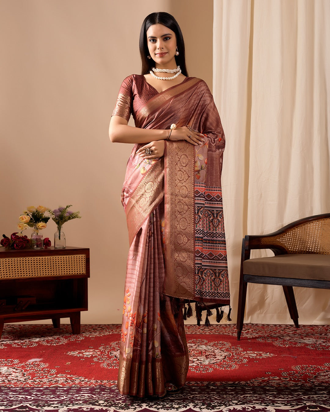 Women's Soft Lichi Silk Saree in Dusty Rose with Patola-Inspired Motifs and Woven Border