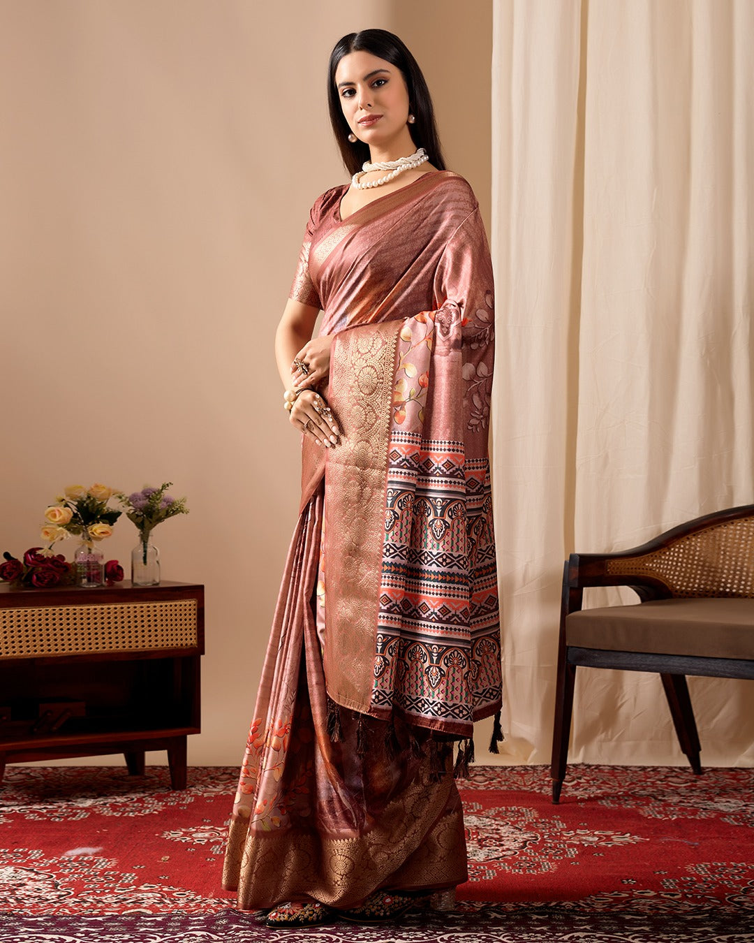 Women's Soft Lichi Silk Saree in Dusty Rose with Patola-Inspired Motifs and Woven Border