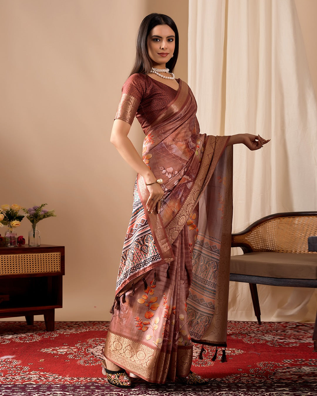 Women's Soft Lichi Silk Saree in Dusty Rose with Patola-Inspired Motifs and Woven Border