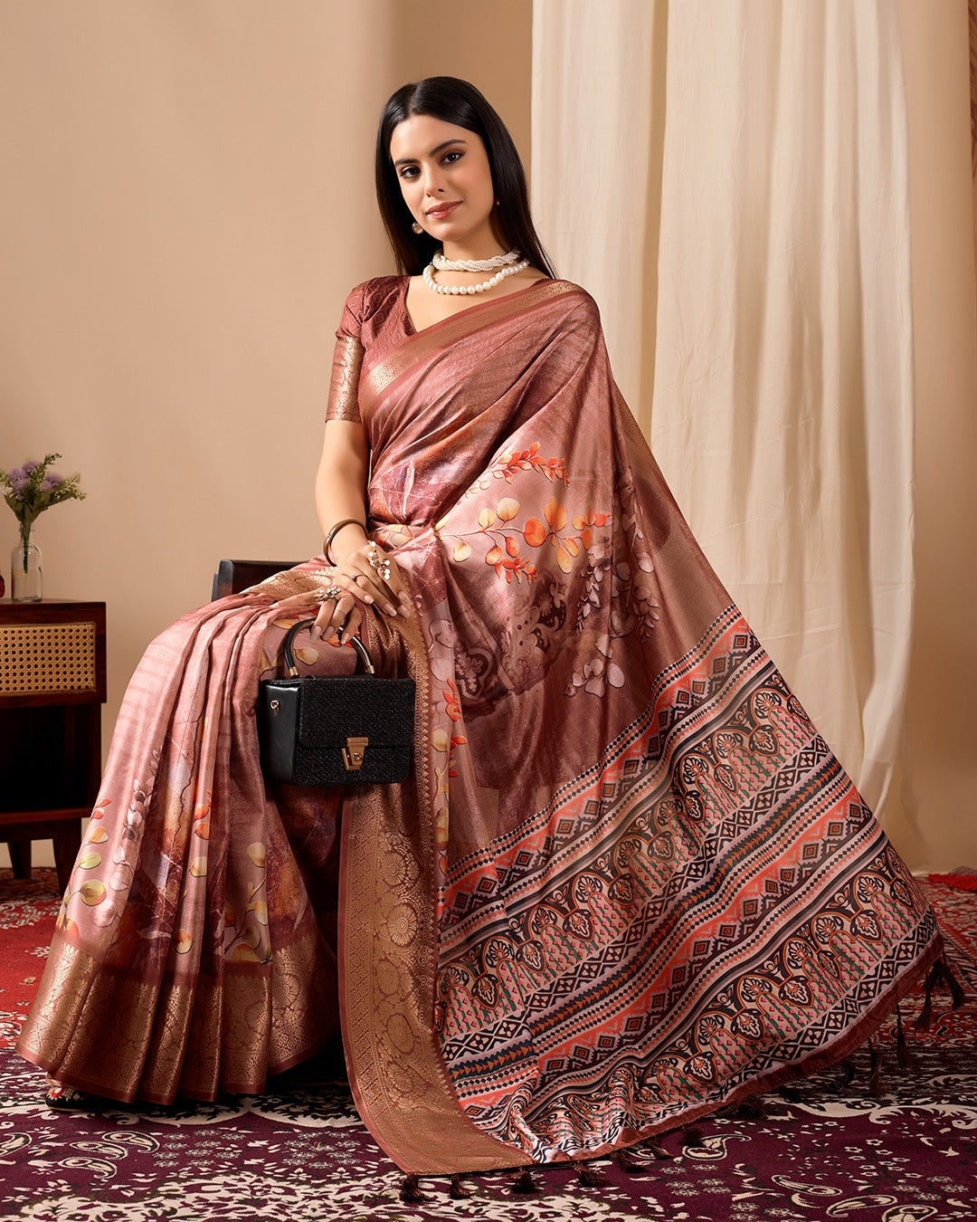 Women's Soft Lichi Silk Saree in Dusty Rose with Patola-Inspired Motifs and Woven Border