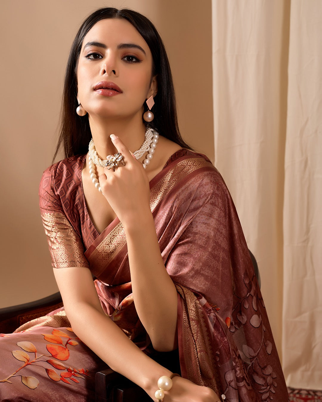 Women's Soft Lichi Silk Saree in Dusty Rose with Patola-Inspired Motifs and Woven Border