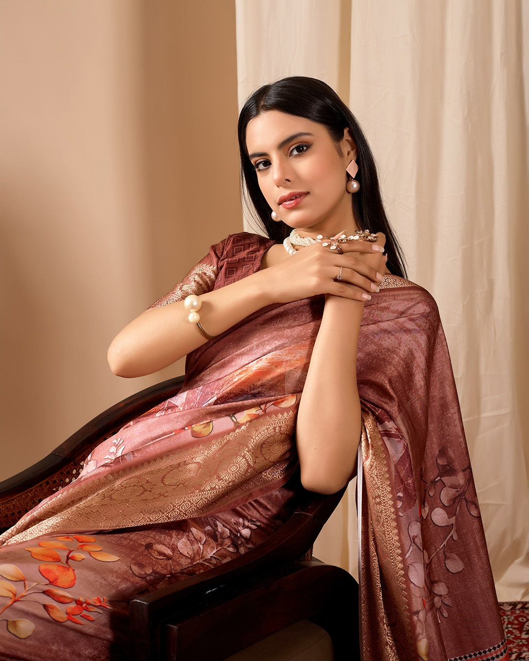 Women's Soft Lichi Silk Saree in Dusty Rose with Patola-Inspired Motifs and Woven Border